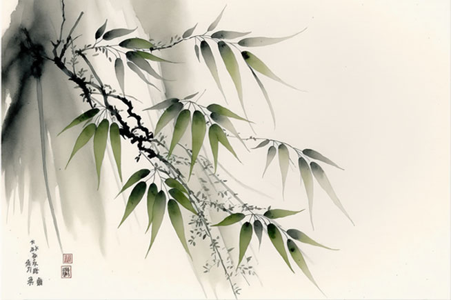 Fotomural ilustración japonesa hojas bambú